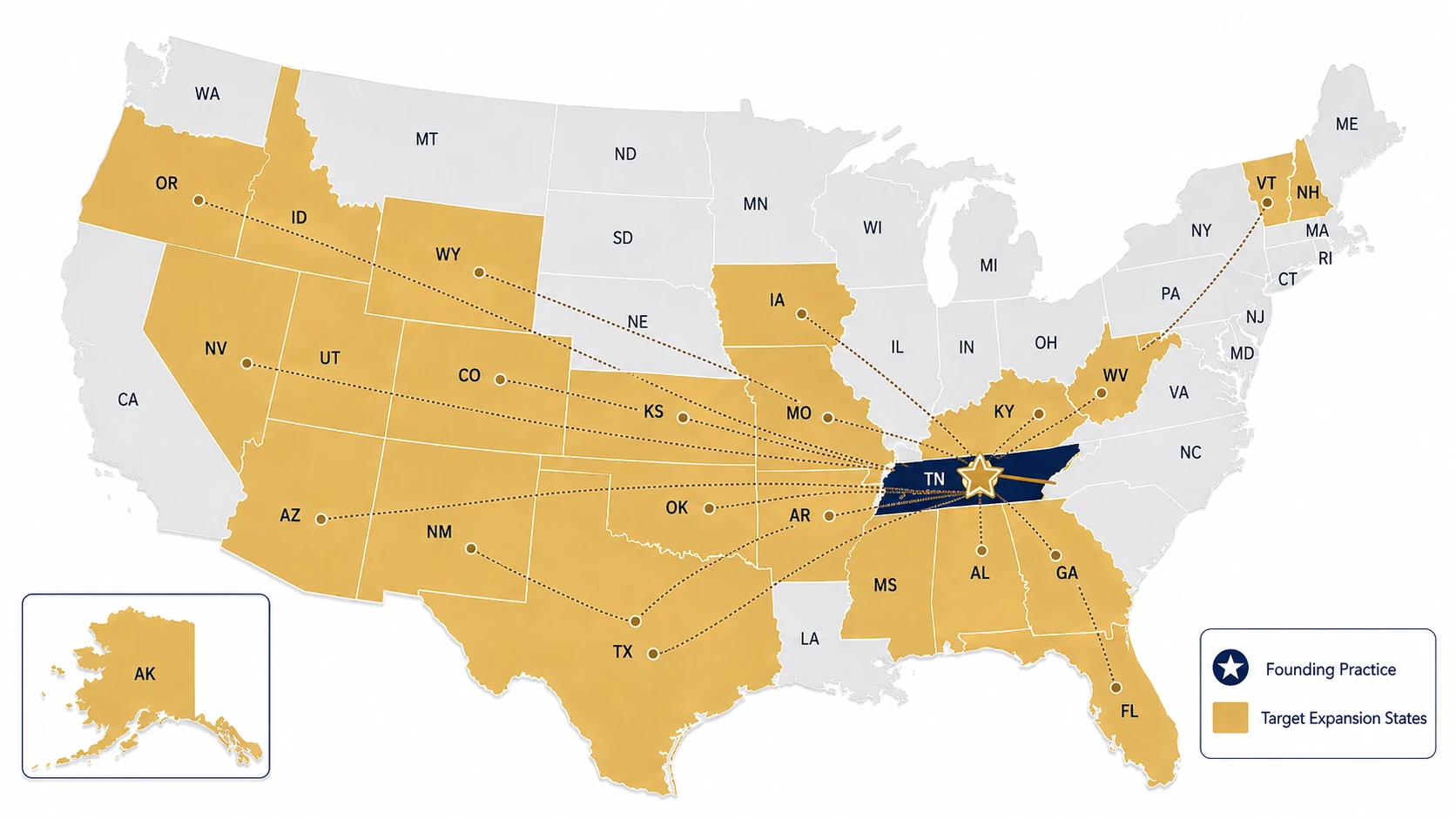 The Practice USA map showing Nashville as the founding practice and target expansion states
